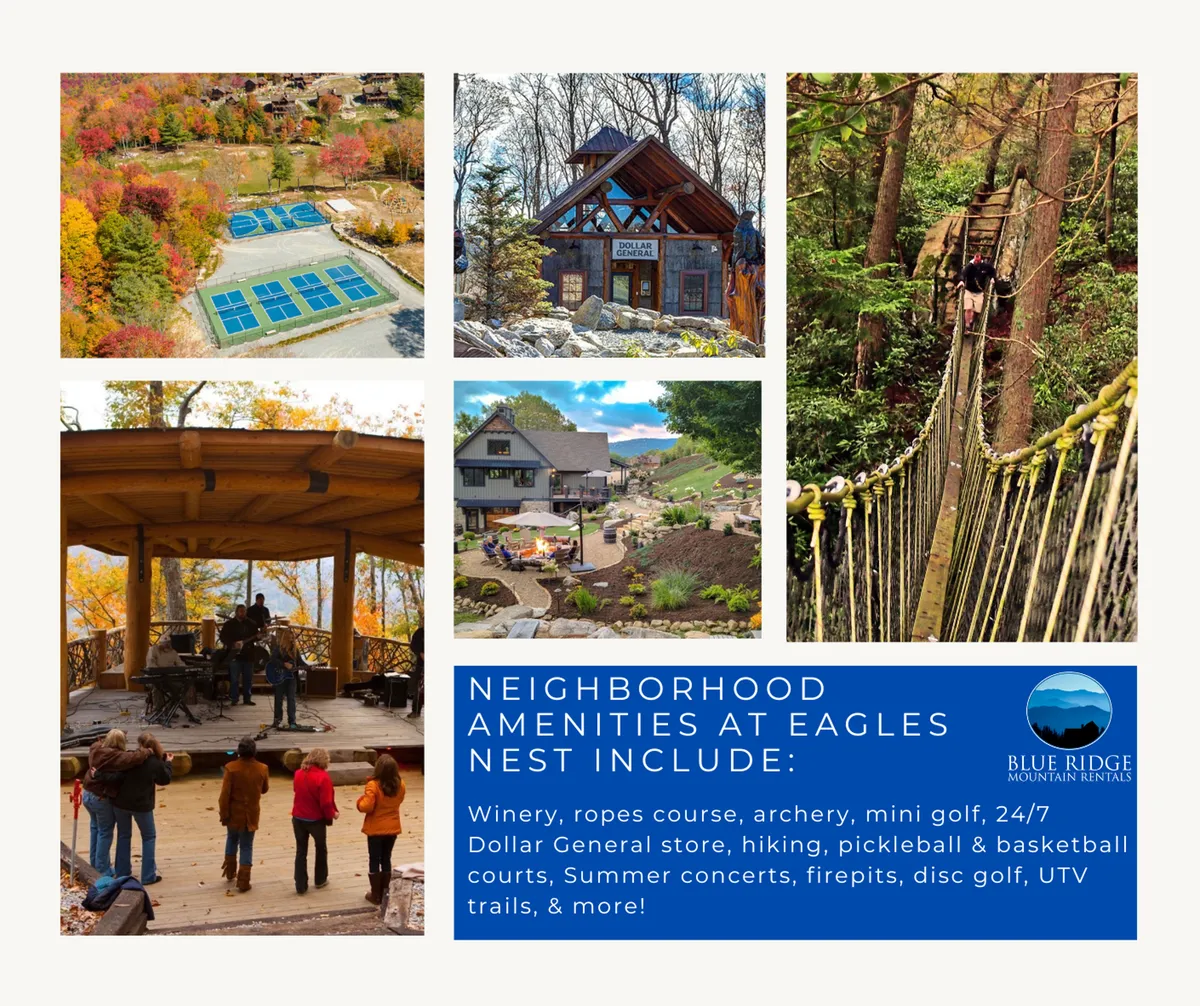 This wide community view features the ropes course, mini golf area, community center, a live music stage, and connecting nature trails. The scene is bustling, with families engaging in activities like mini golf and pickleball, and the stage hints at energetic summer concerts. The ropes course and abundant green space evoke a sense of adventure and family fun.